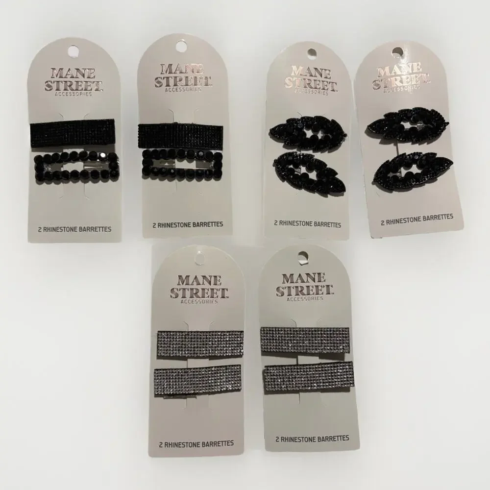 Mane Street Rhinestone Hair Barrettes Black Snap Clips Lot of 12 (6 Packs) NEW